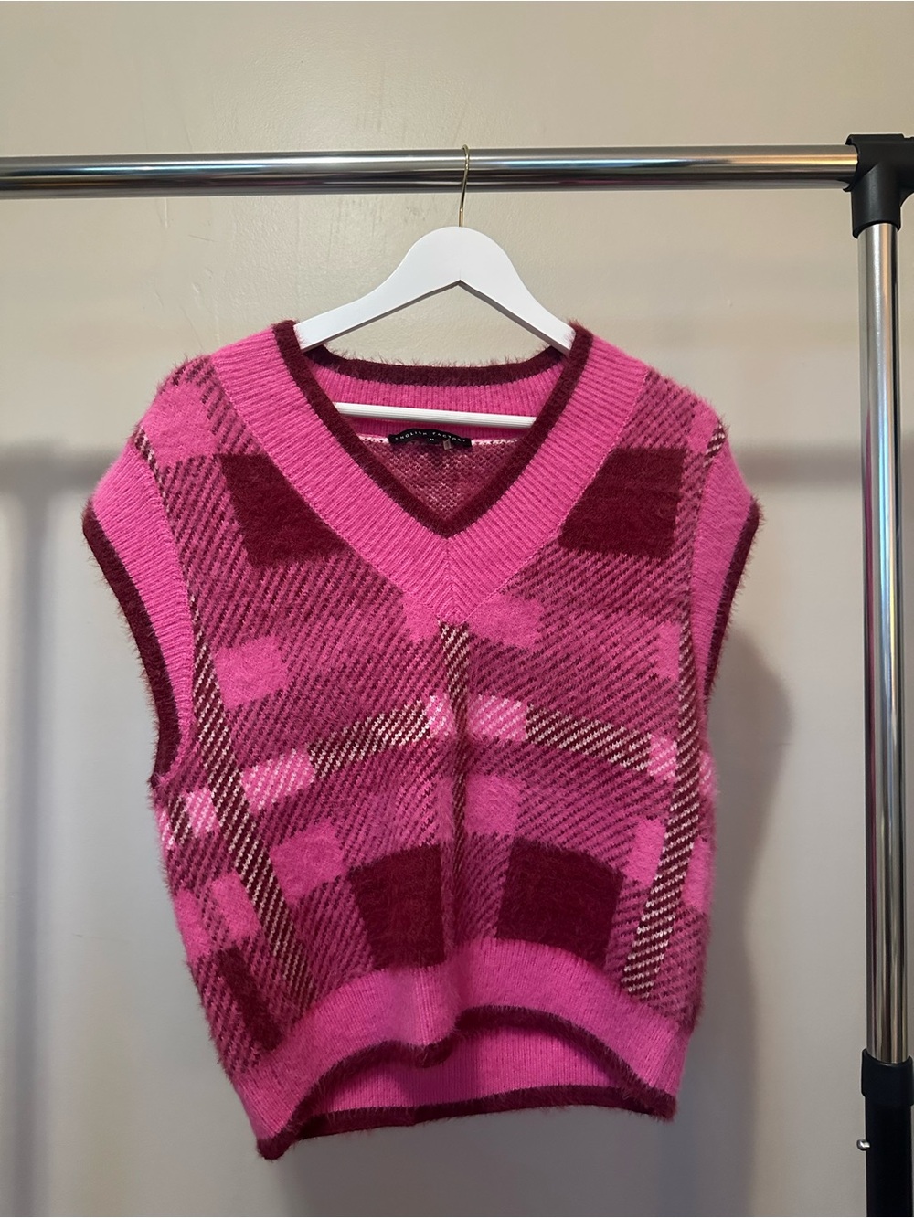 English Factory Pink & Burgundy Plaid V-Neck Knit Vest